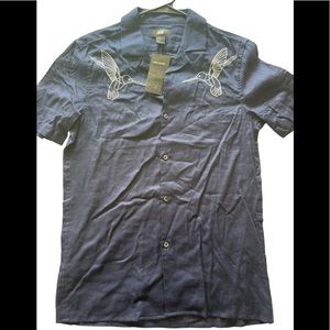 H&M men’s linen blend extra small button up shirt blue in color